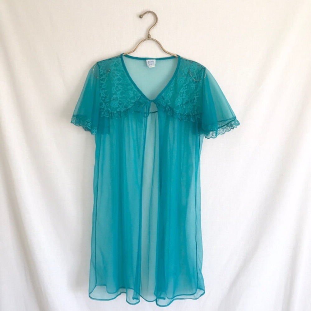 Vintage 1960's Sheer Teal Peignoir Lace Robe M